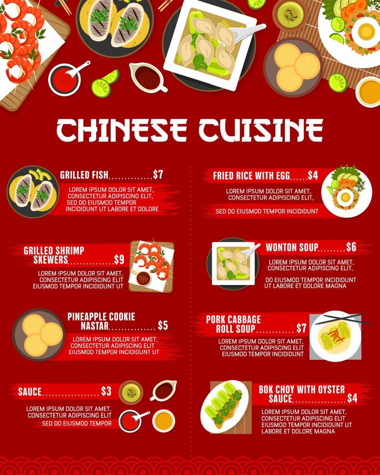 Chinese cuisine menu, wontons soup, fish, shrimps vector