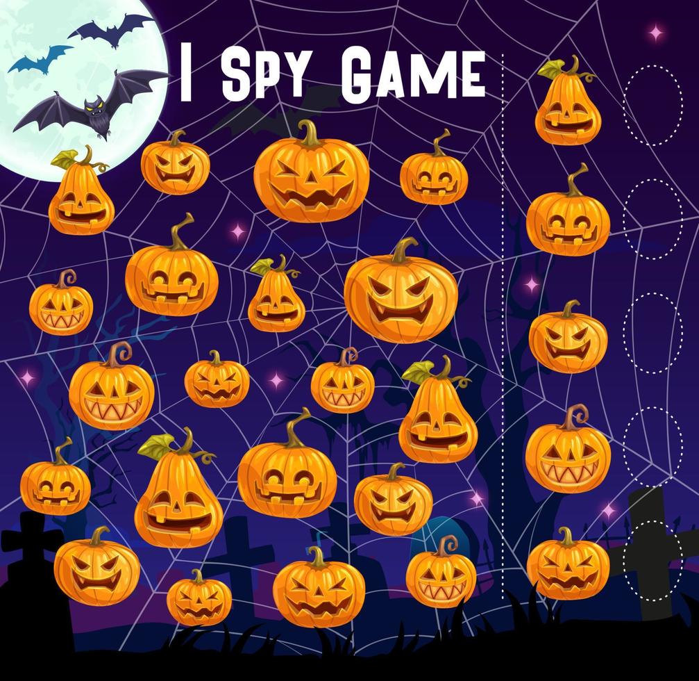 Halloween i spy game with cartoon pumpkin lanterns vector