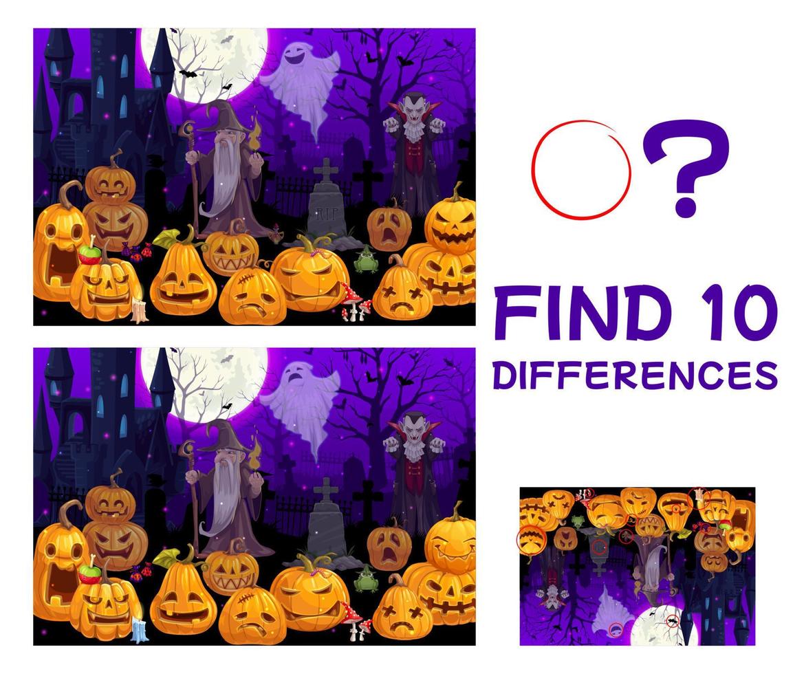 encuentra diez diferencias juego con calabazas de halloween vector