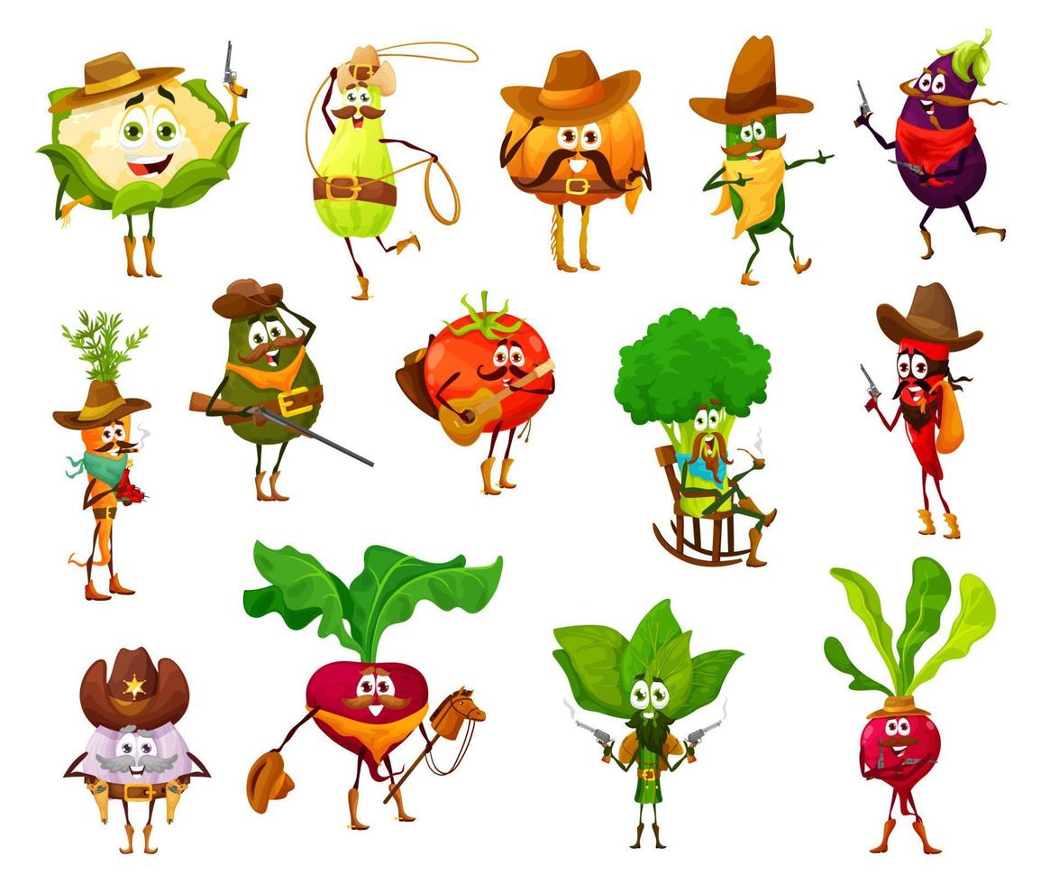 Cartoon funny cowboy vegetables, sheriff or ranger vector