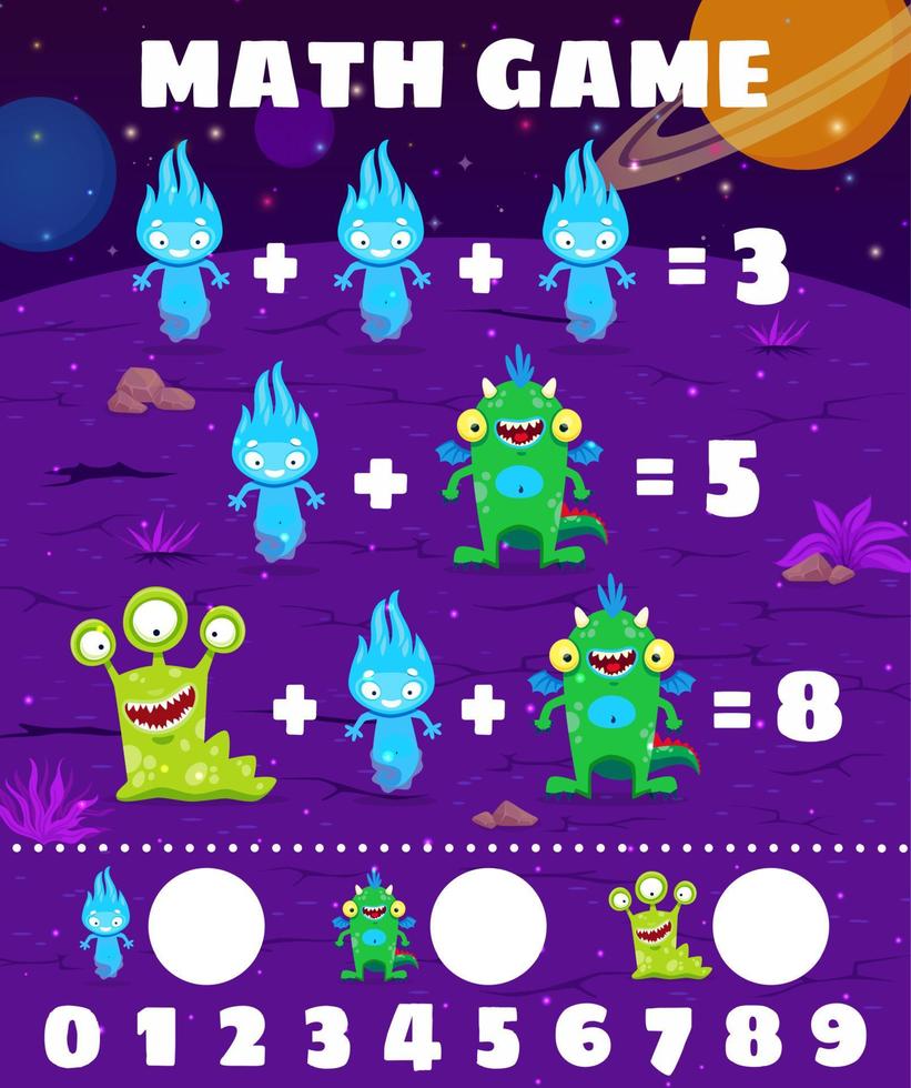 Math game worksheet with alien monster characters vector