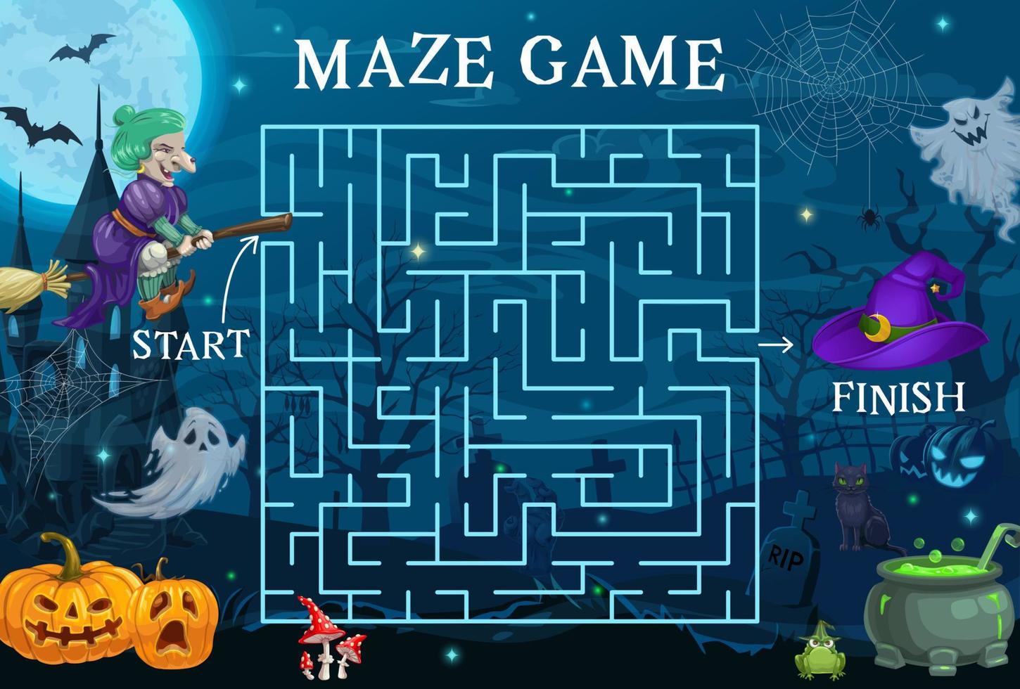 Halloween labyrinth maze, help to witch kids game vector