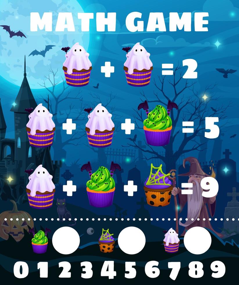 Math game worksheet with Halloween desserts vector