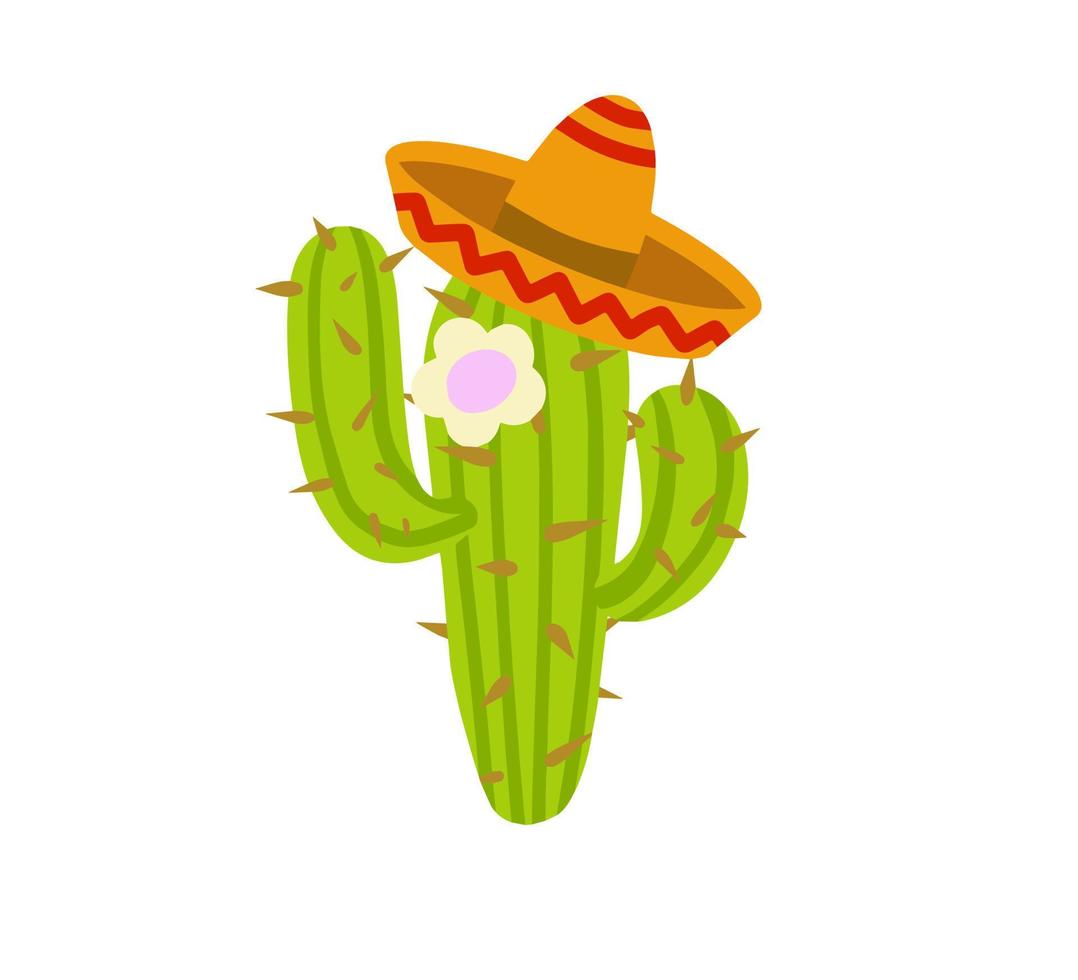 cactus en un sombrero mexicano. una planta del desierto. suculenta verde. elemento del paisaje de verano tropical del sur. ilustración de dibujos animados plana vector