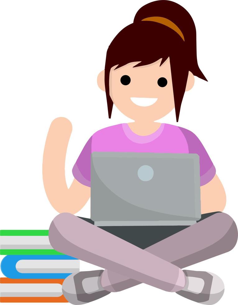 Woman sit with laptop. Work freelance and programmer. Girl works on Internet and chat. Cartoon flat illustration. Learning and education with a book. vector