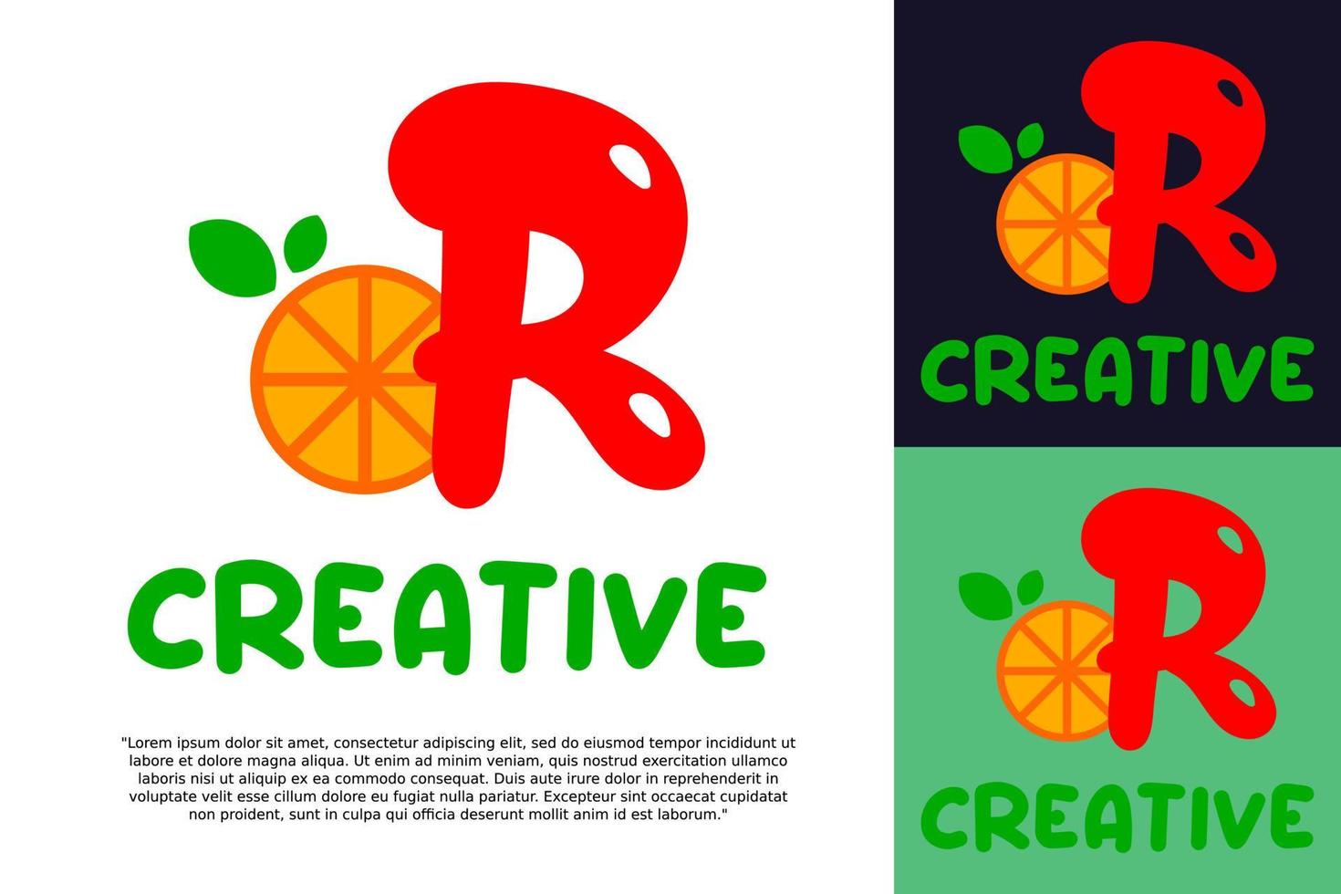 alphabet R logo and fresh citrus fruit in modern style. vector
