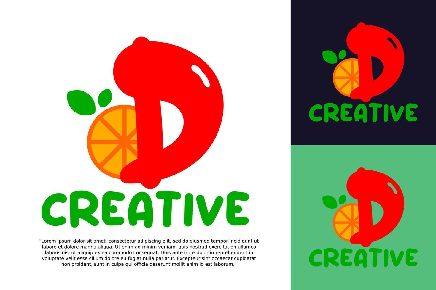 alphabet D logo and fresh citrus fruit in modern style. vector