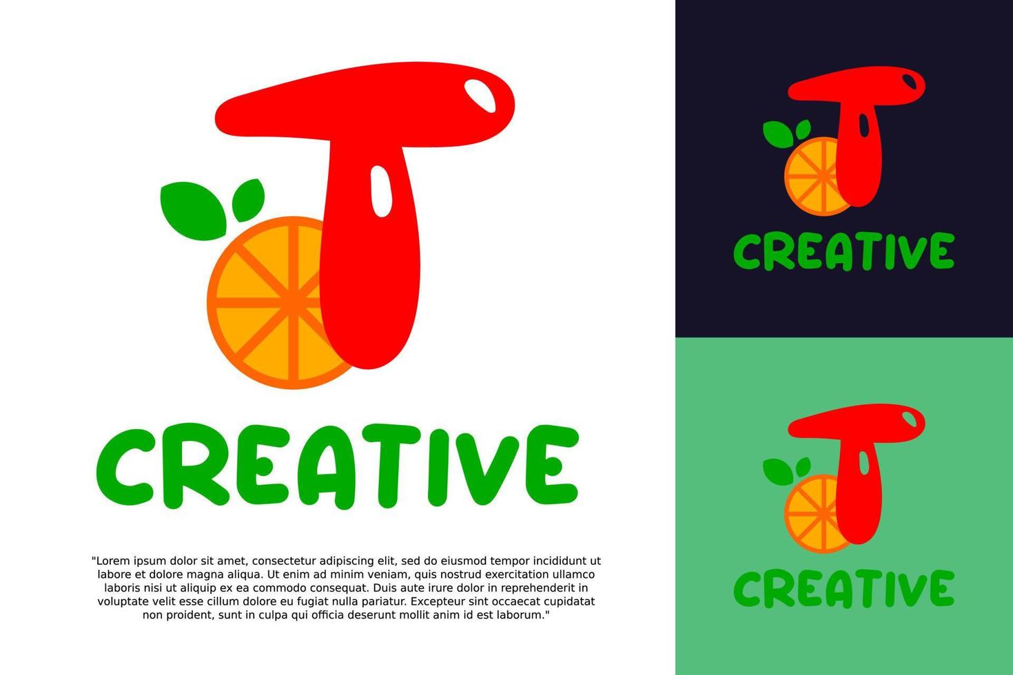 alphabet T logo and fresh citrus fruit in modern style. vector