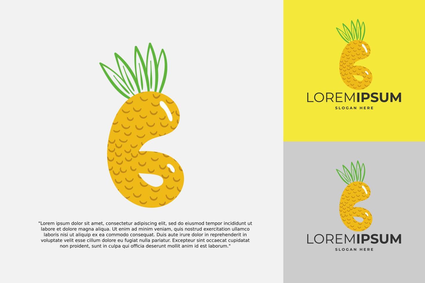 Logotipo de 6 números hecho de piña. caligrafía hecha a mano de frutas para identidad agrícola, tarjetas de restaurante, camisetas para niños, estampados de verano, etc. vector