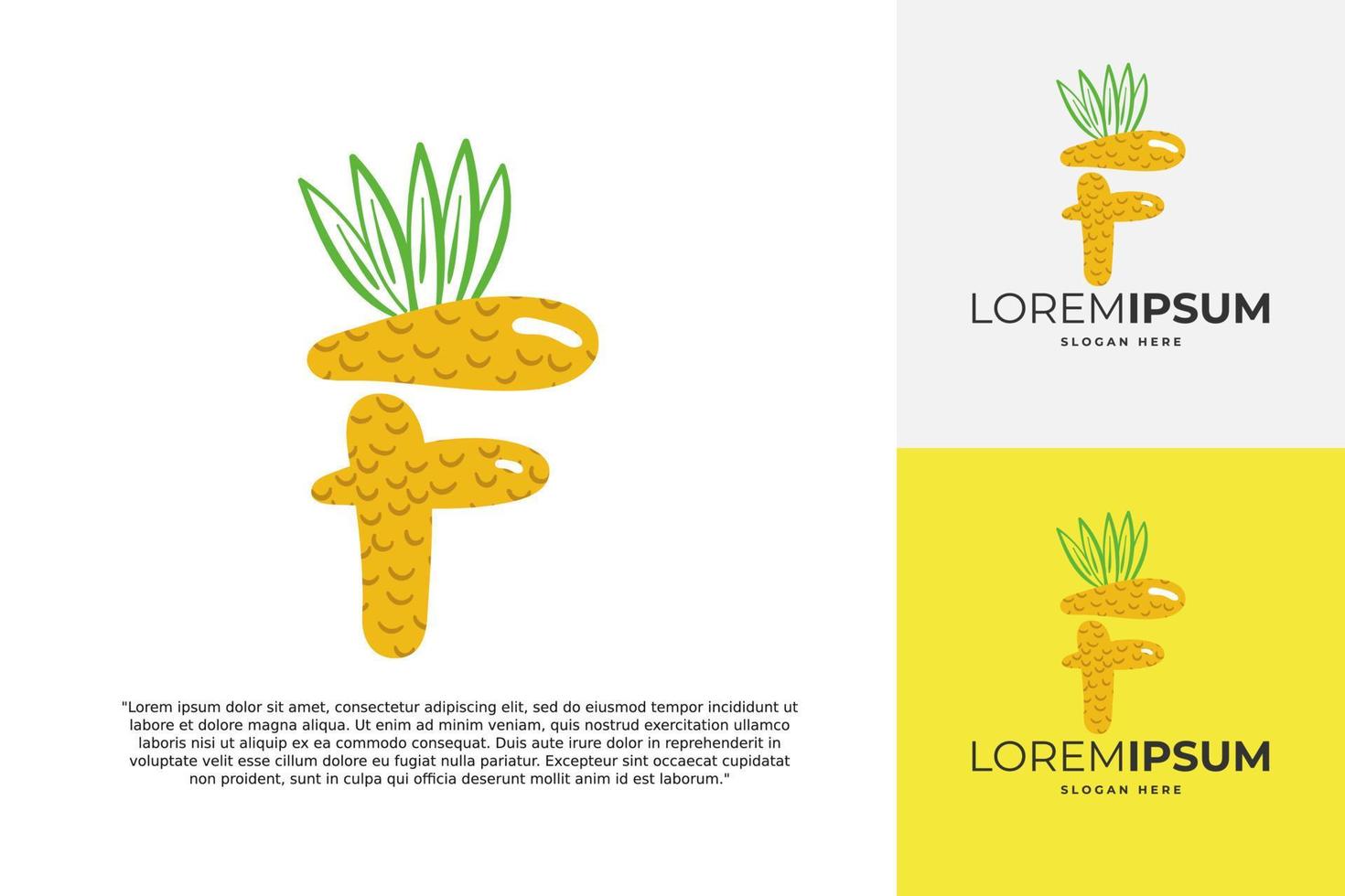 logotipo de letra f hecho de piña. caligrafía hecha a mano de frutas para identidad agrícola, tarjetas de restaurante, camisetas para niños, estampados de verano, etc. vector