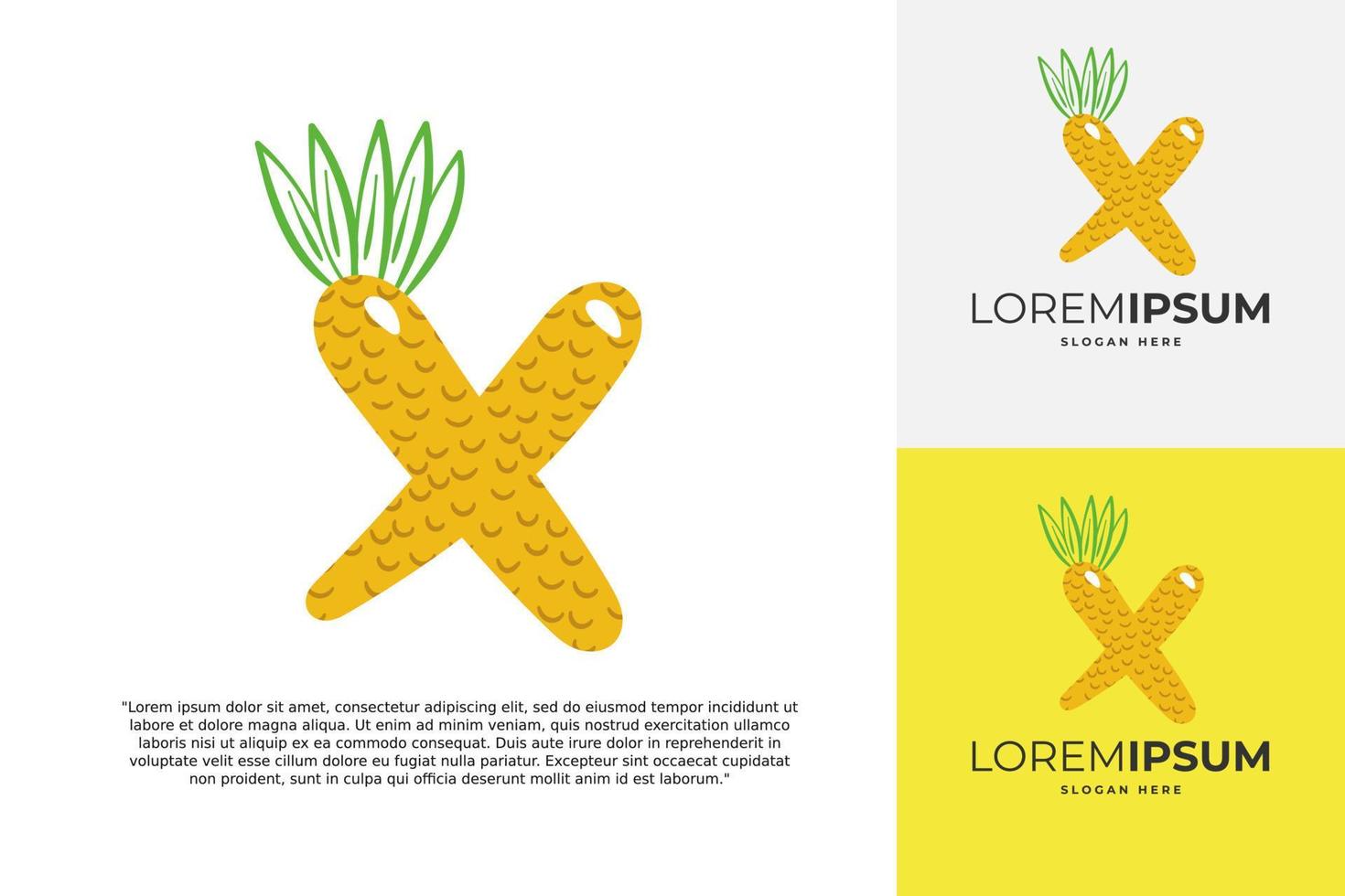 X letter logo made of pineapple. Fruit handmade calligraphy for agricultural identity, restaurant cards, kids t-shirt, summer prints, etc vector