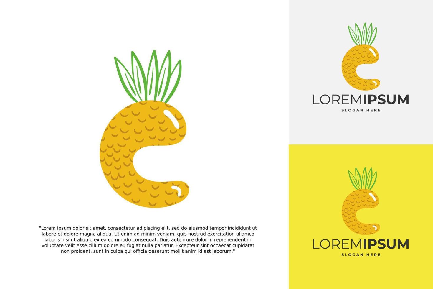 logotipo de letra c hecho de piña. caligrafía hecha a mano de frutas para identidad agrícola, tarjetas de restaurante, camisetas para niños, estampados de verano, etc. vector