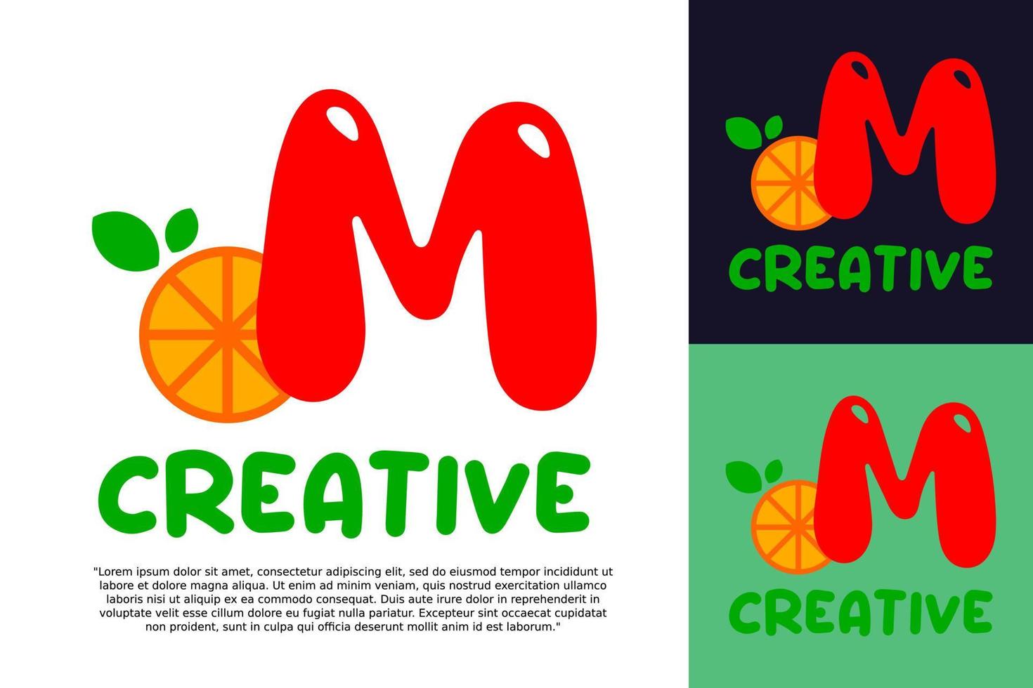 alphabet M logo and fresh citrus fruit in modern style. vector