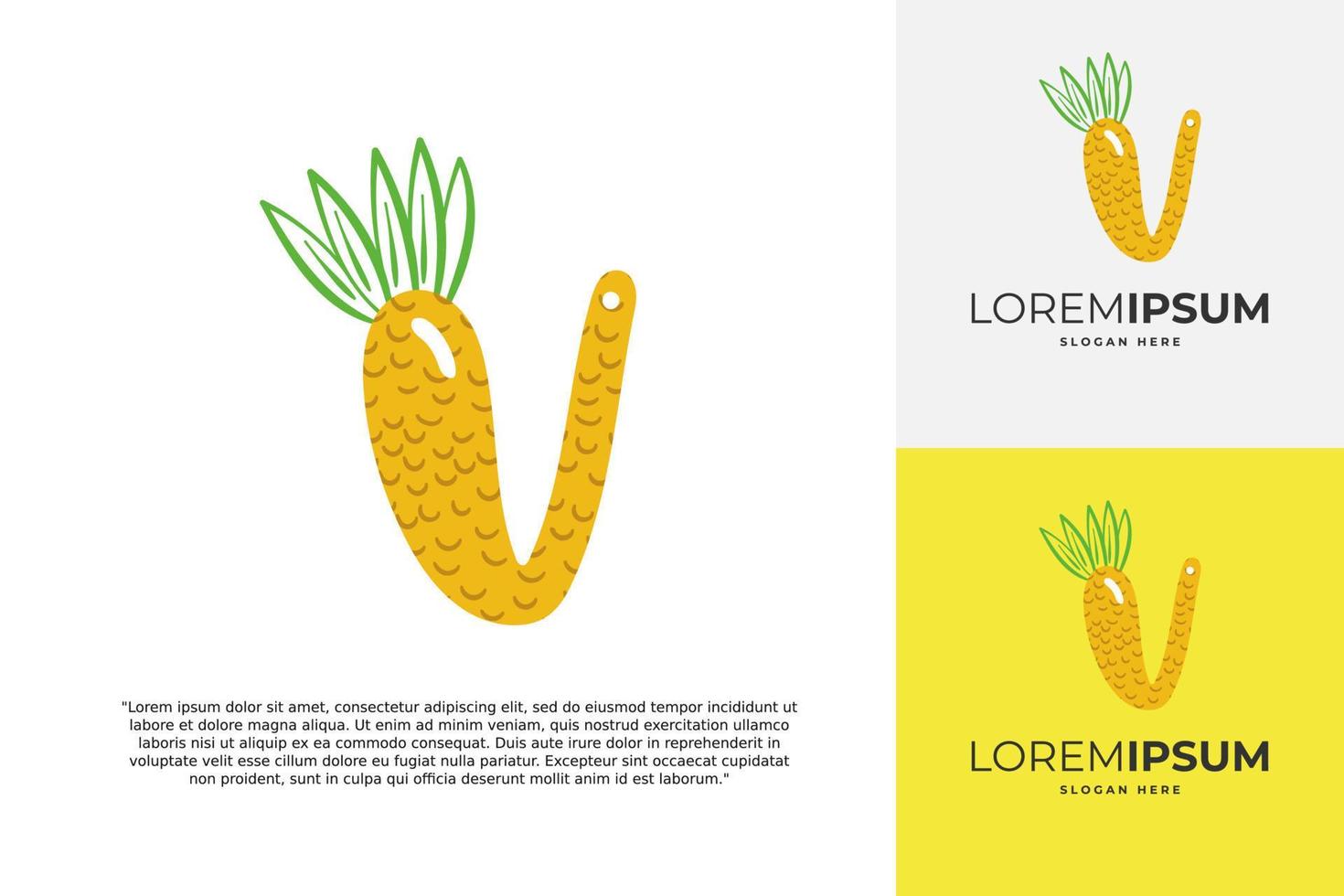 logotipo de letra v hecho de piña. caligrafía hecha a mano de frutas para identidad agrícola, tarjetas de restaurante, camisetas para niños, estampados de verano, etc. vector