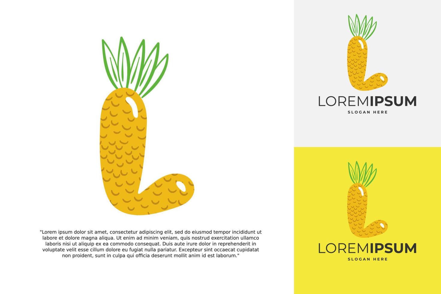 logotipo de letra l hecho de piña. caligrafía hecha a mano de frutas para identidad agrícola, tarjetas de restaurante, camisetas para niños, estampados de verano, etc. vector