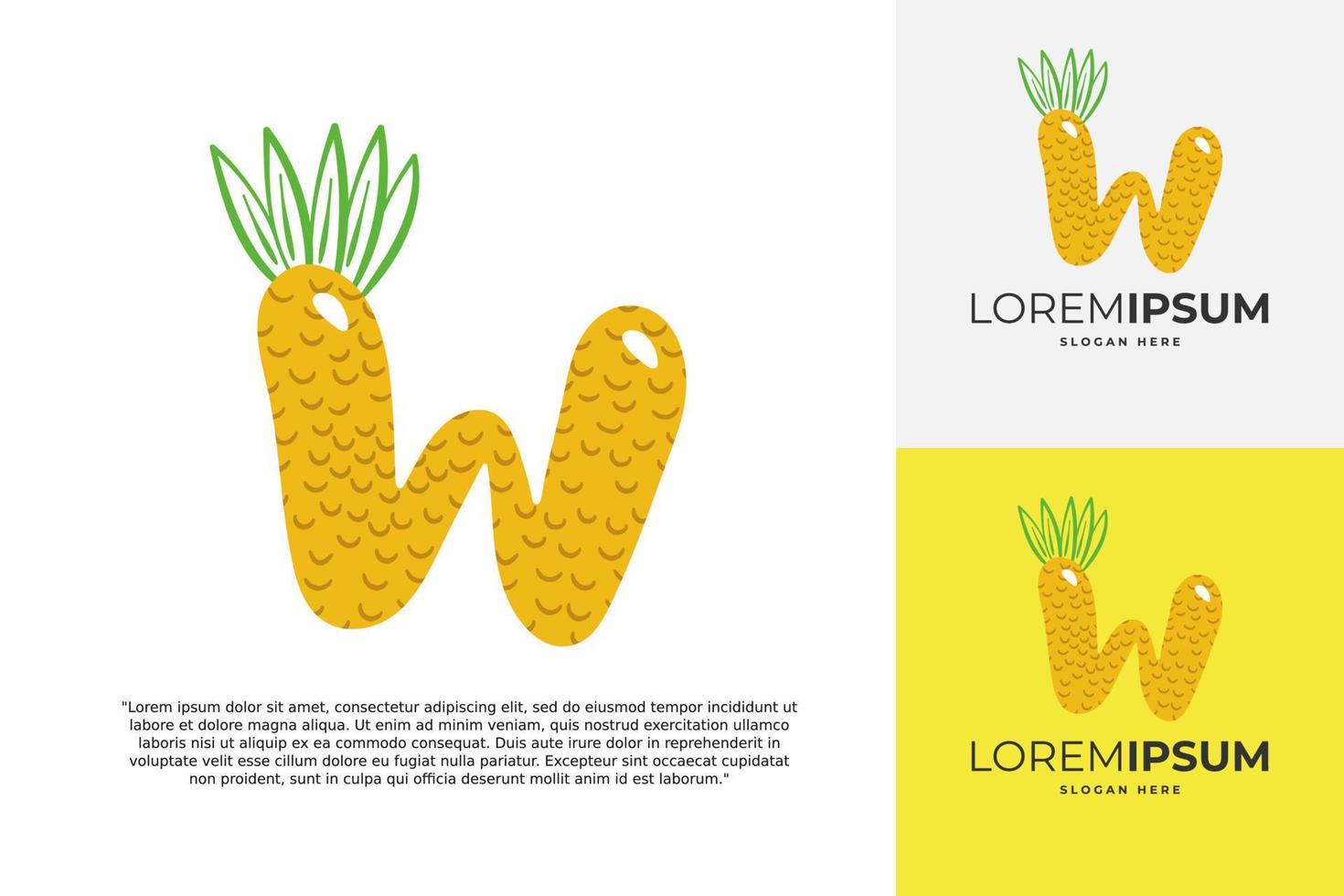 W letter logo made of pineapple. Fruit handmade calligraphy for agricultural identity, restaurant cards, kids t-shirt, summer prints, etc vector
