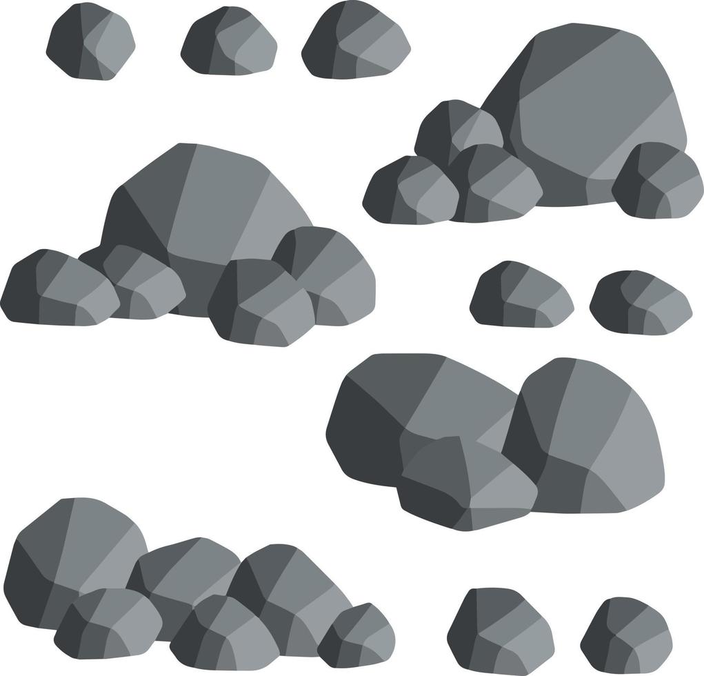 Natural wall stones and smooth and rounded grey rocks. Cartoon flat illustration. Element of forests, mountains and caves with cobblestone vector