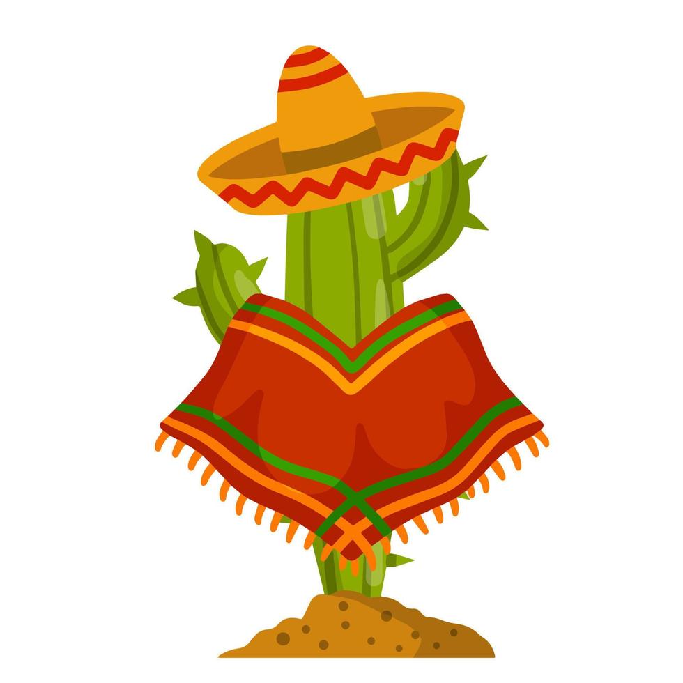 cactus en un sombrero mexicano. una planta del desierto. suculenta verde. elemento del paisaje de verano tropical del sur. ilustración de dibujos animados plana vector