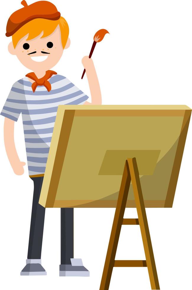 French artist in blue striped clothes with a red beret draws a picture with a paint brush on the easel. Frenchman at work. Stereot typical European of France. Creative person. vector