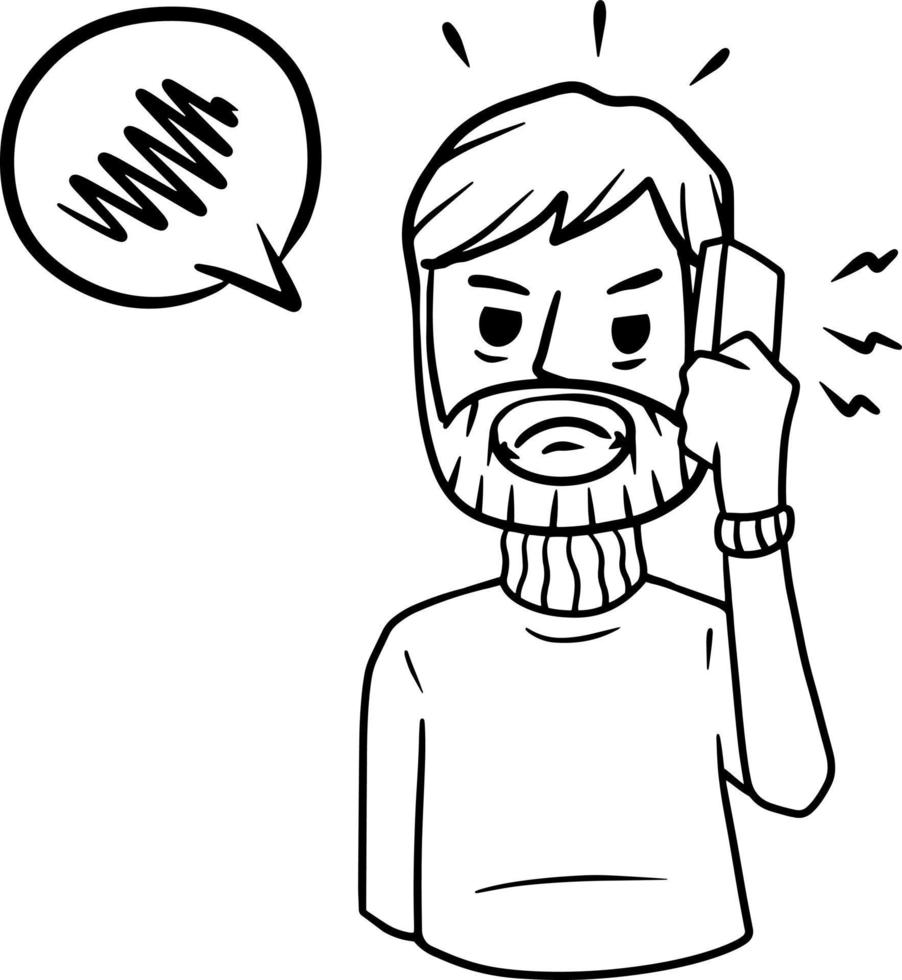 Man with mobile phone. Unpleasant conversation. Angry guy with modern device. Talking problems. Cartoon hand drawn black and white sketch illustration. vector