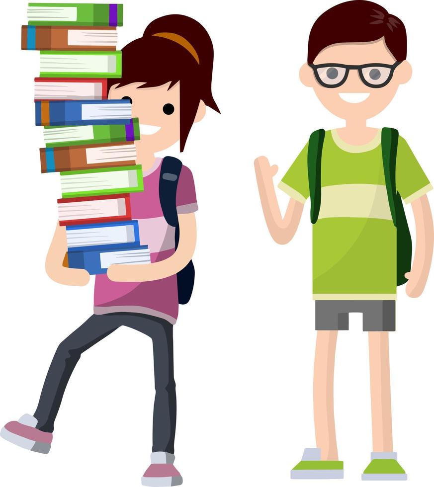 jóvenes estudiantes con libro y mochila. niño y niña en la escuela. pareja divertida la mujer lleva un montón de libros. educación y estudios vector