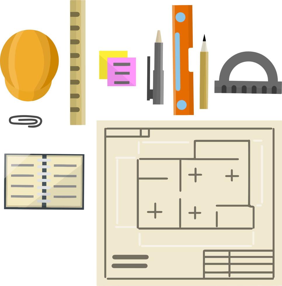 equipo de ingeniero plano de dibujo del edificio. documentos de diseño y proyecto. conjunto de elementos de dibujo. casco de trabajador de la construcción. plano de casa plana. esquema tecnico vector