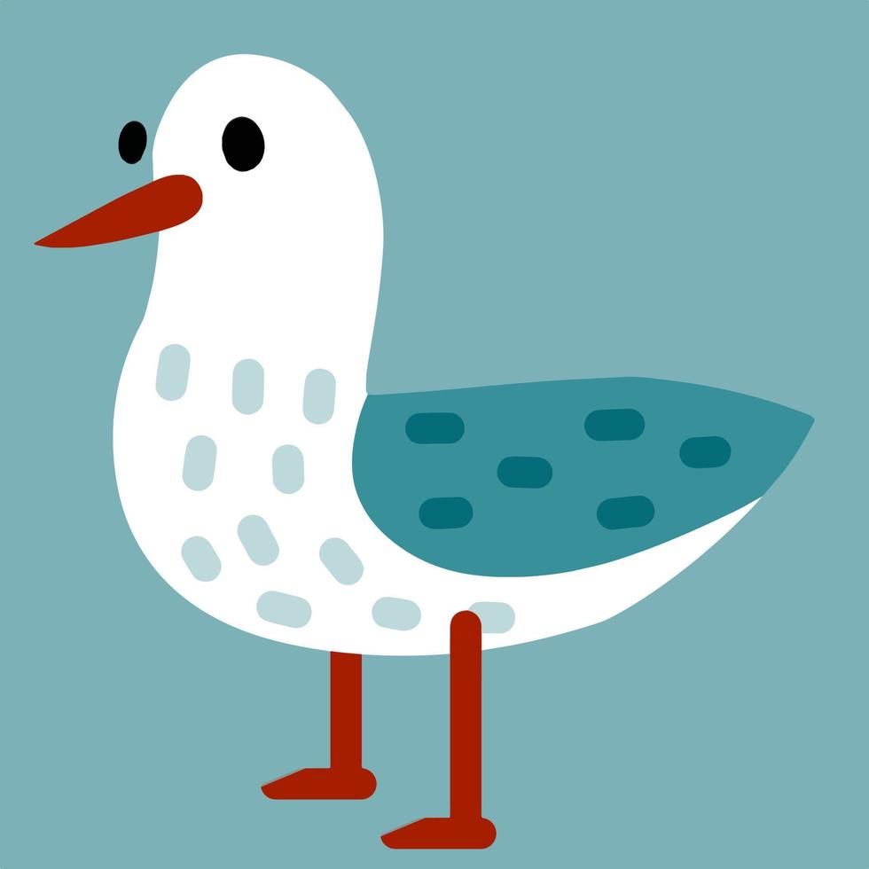 Gull. Sea white and blue bird. Children drawing of seagull. Northern fauna. A funny illustration. Cute flat cartoon animal vector