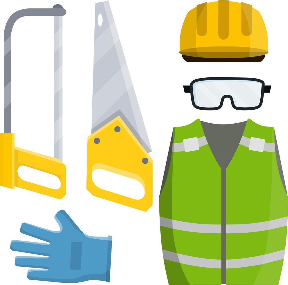 conjunto de constructor de ropa y trabajador. seguridad y herramientas para cortar árboles. ilustración plana de dibujos animados. reparación y mantenimiento. chaleco verde, casco, gafas, guantes. rompecabezas y sierra de leñador vector