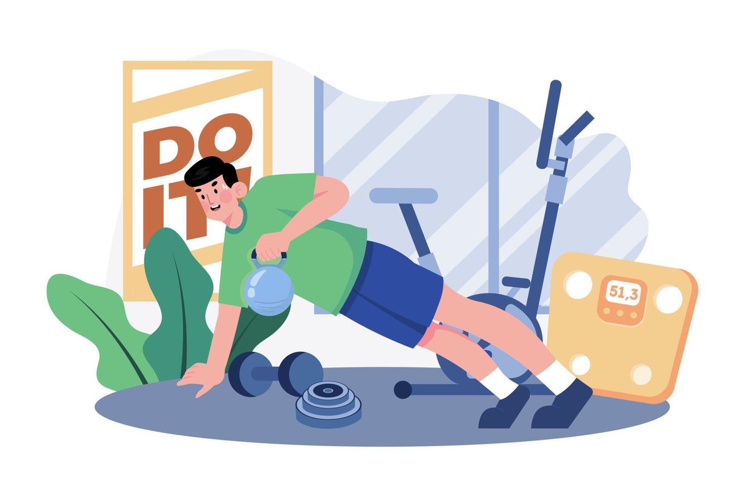 el hombre está haciendo ejercicios de pesas rusas en el concepto de ilustración del gimnasio sobre fondo blanco vector