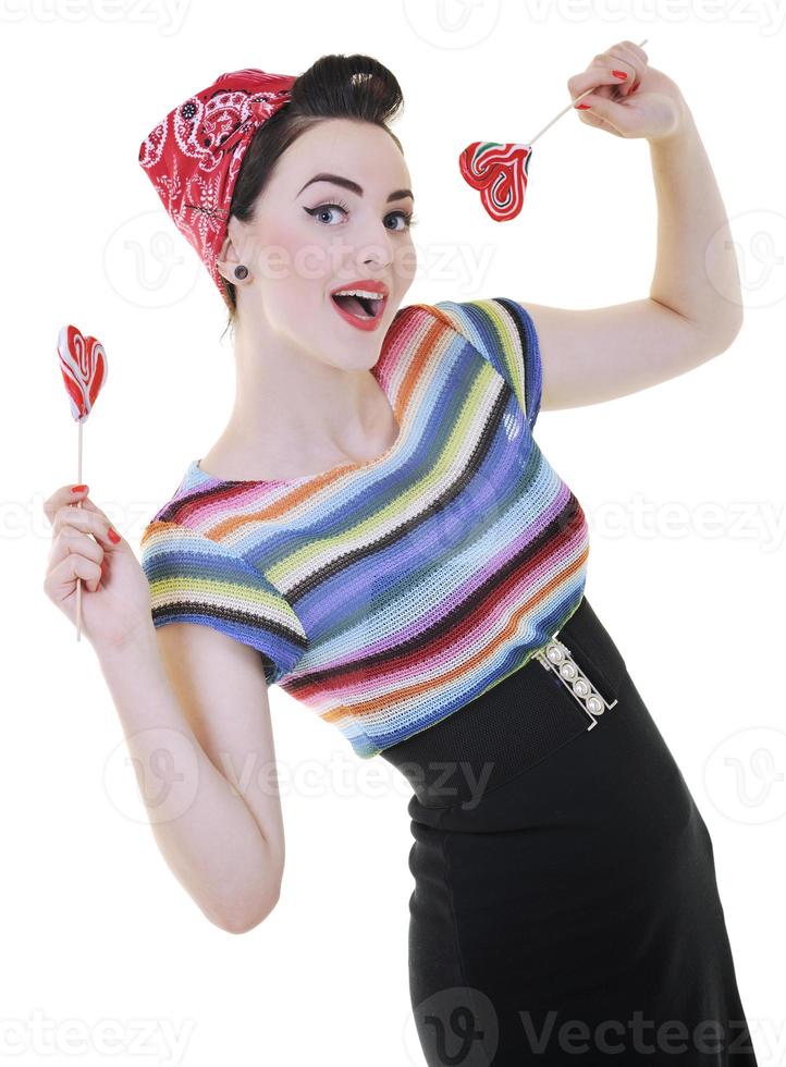 happy woman with lollipop isolated on white photo