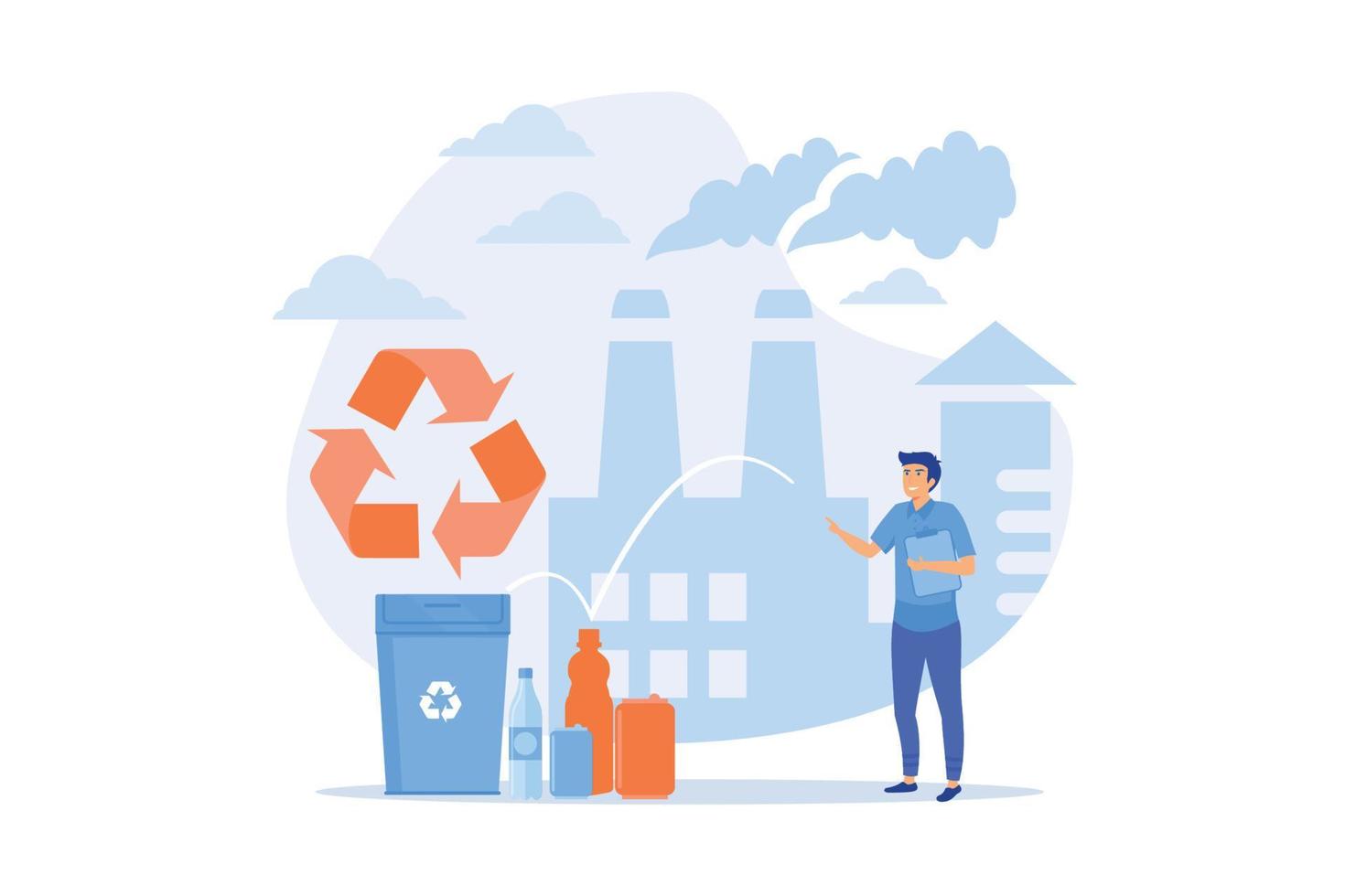 Specialist at plant recycling plastic into raw material, waste bin. Mechanical recycling, back-to-plastics recycling, waste material reuse concept. flat vector modern illustration