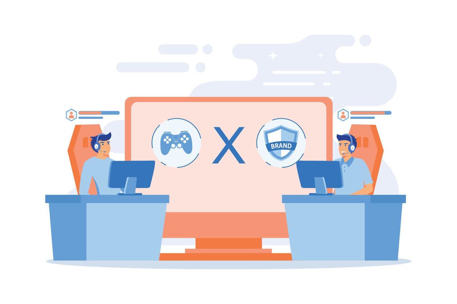 Cybersports competition. Branded game players playing. eSports collaboration esports partnership, esports and global brands cooperation concept. flat vector modern illustration