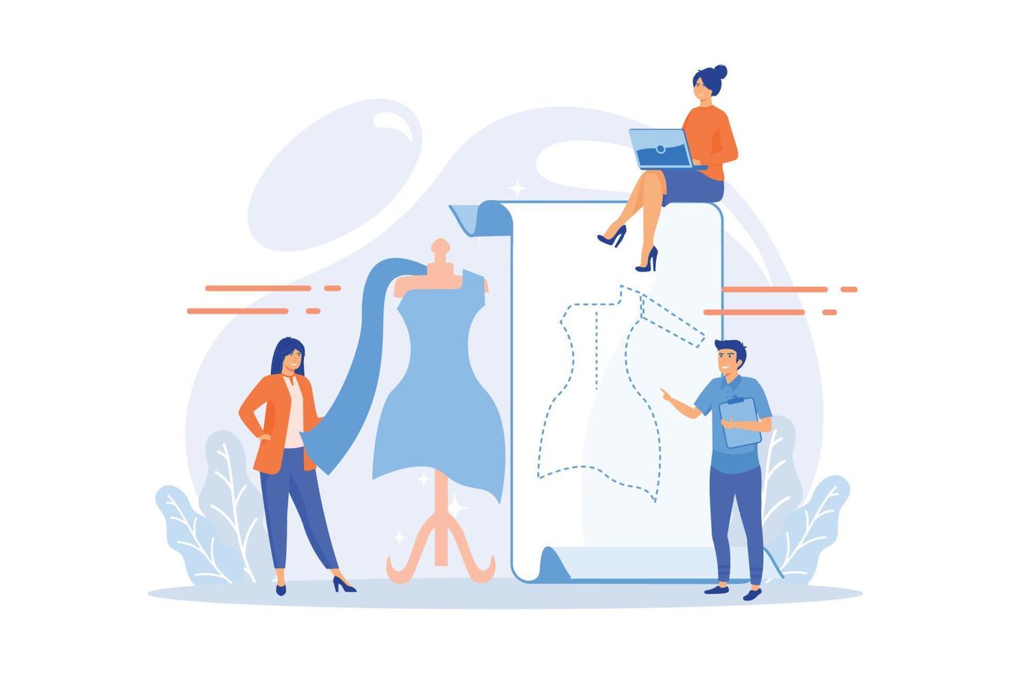 Fashion designers creating a dress pattern and making dress with cloth on mannequin. Fashion design, beauty designer, fashion design service concept. flat vector modern illustration