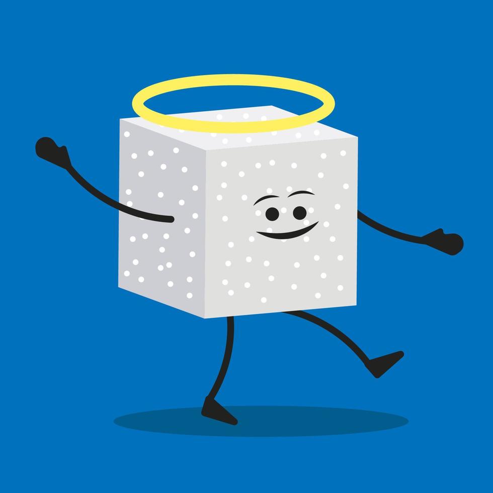 Cartoon sugar cube angel smiling. The concept of a character useful for health and nutrition. Sweet food is healthy and nutritious for humans. Funny mascot with halo loves sugar vector illustration.
