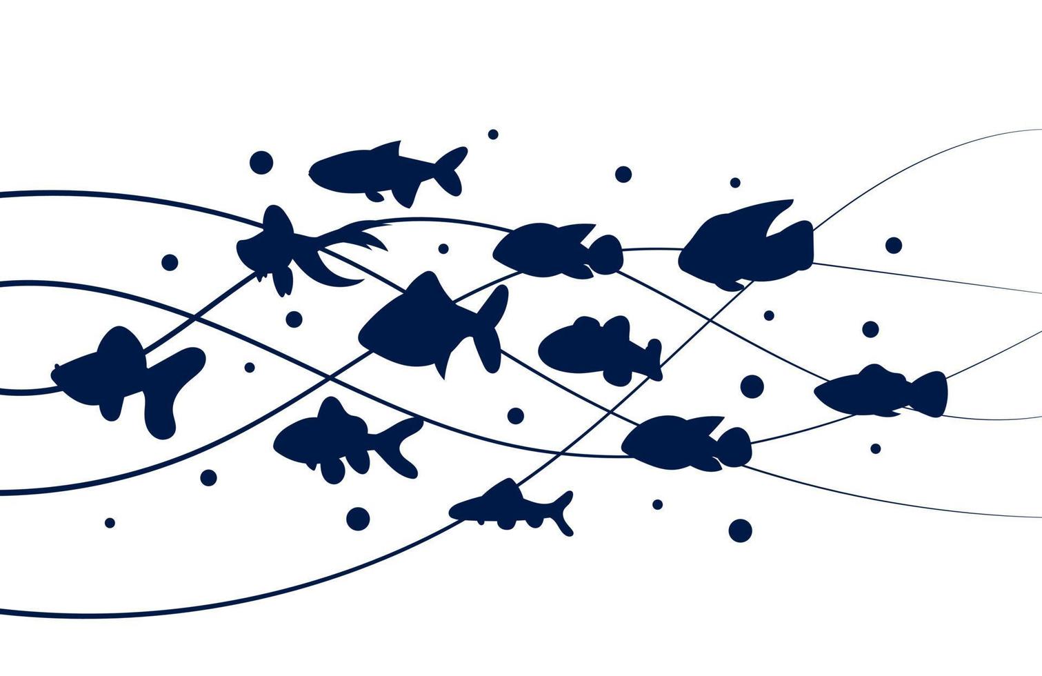 A flock of fish silhouette are floating on the waves isolated on white background. A group of sea animals swim together and a creative underworld design. Cartoon set of fish vector illustration