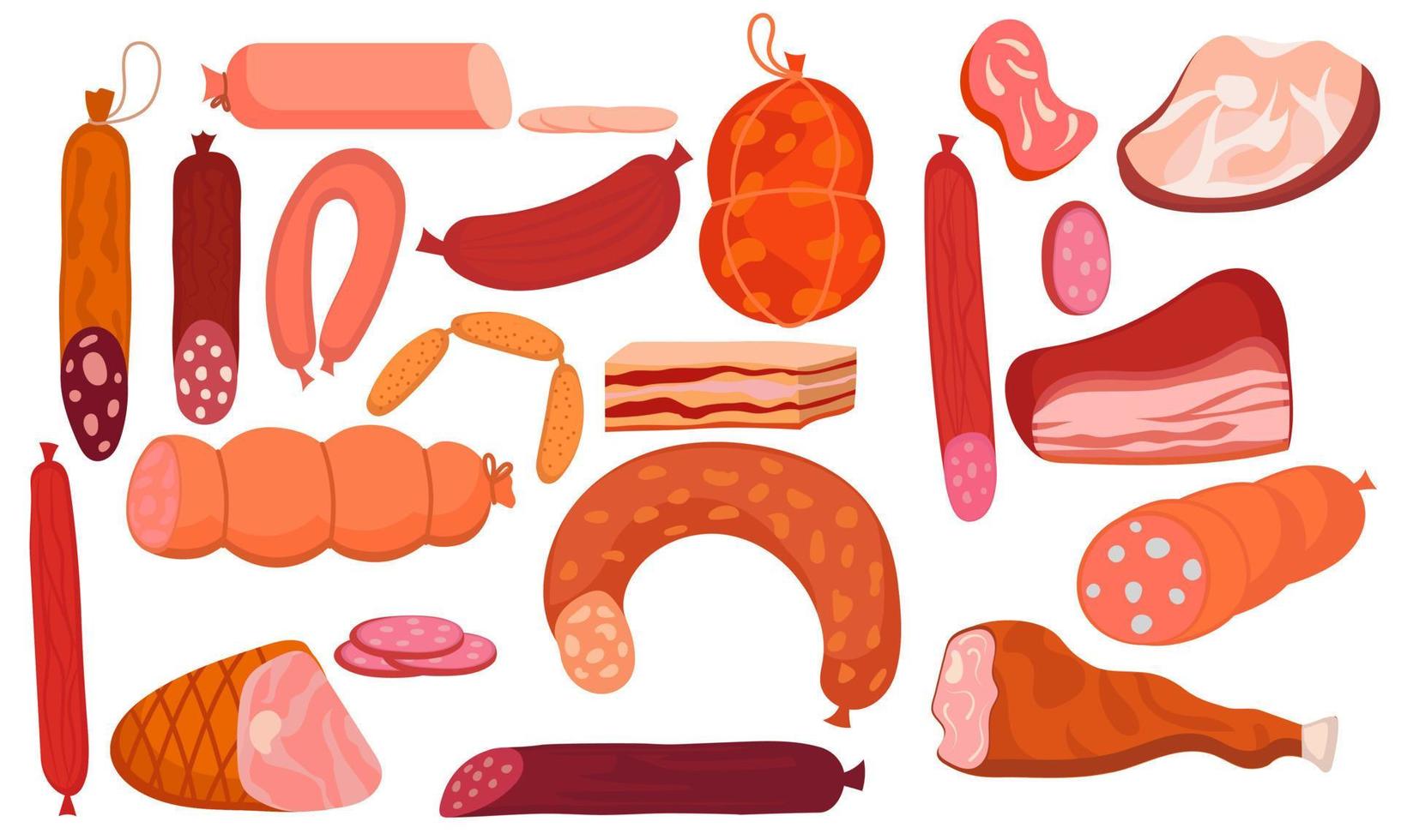 icono de comida de embutidos, jamón y salami. conjunto de dibujos animados aislados cocina de bistec a la barbacoa e ilustración de vector de carne de res. colección de productos gastronómicos delicatessen y tocino de ternera. granja comestibles delicioso animal