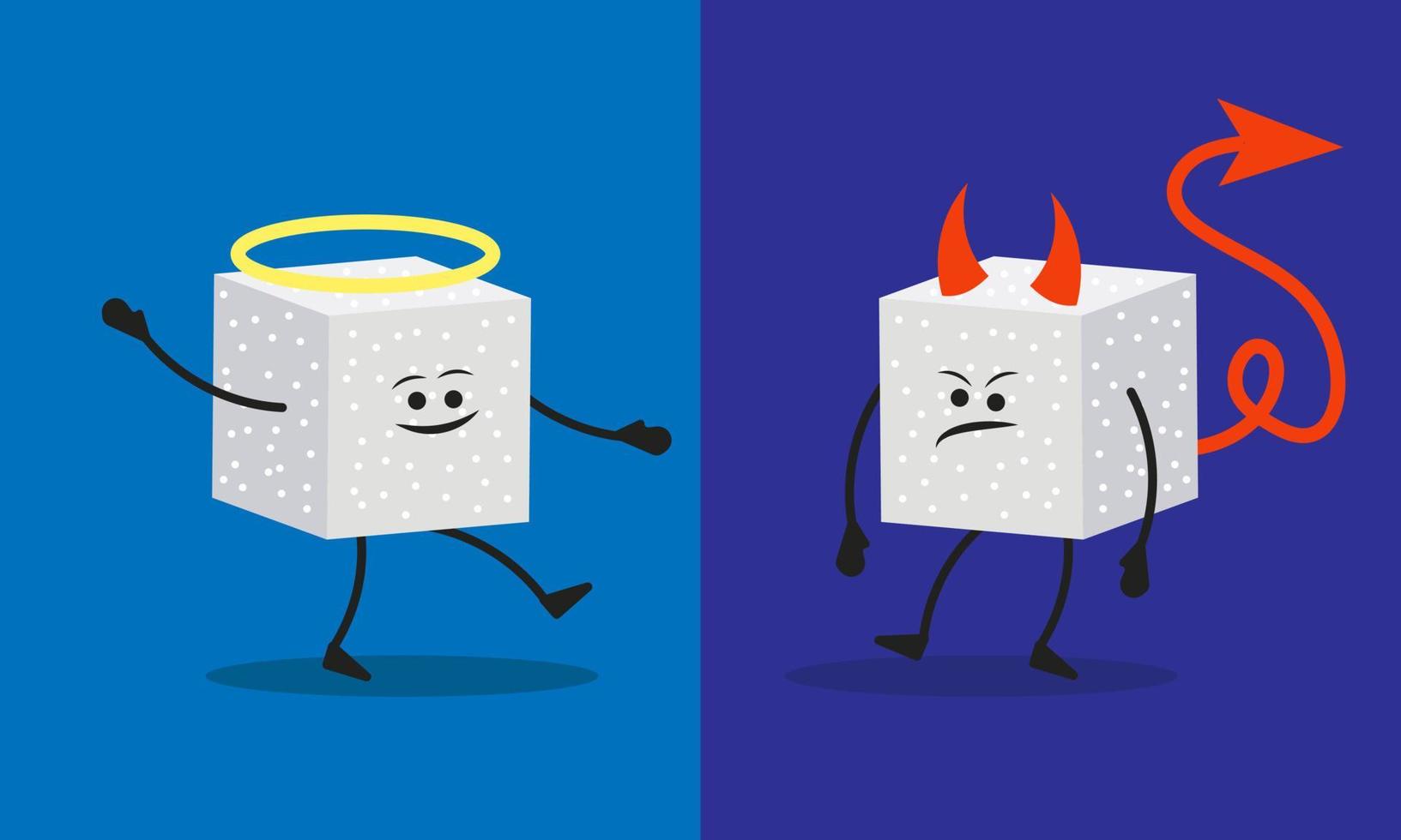 Bad and good sugar and comparison of the usefulness of cartoon sugar in food. Good helpful angel character vs bad sugar devil. Healthy or tasty food in sweets and drinks concept vector illustration