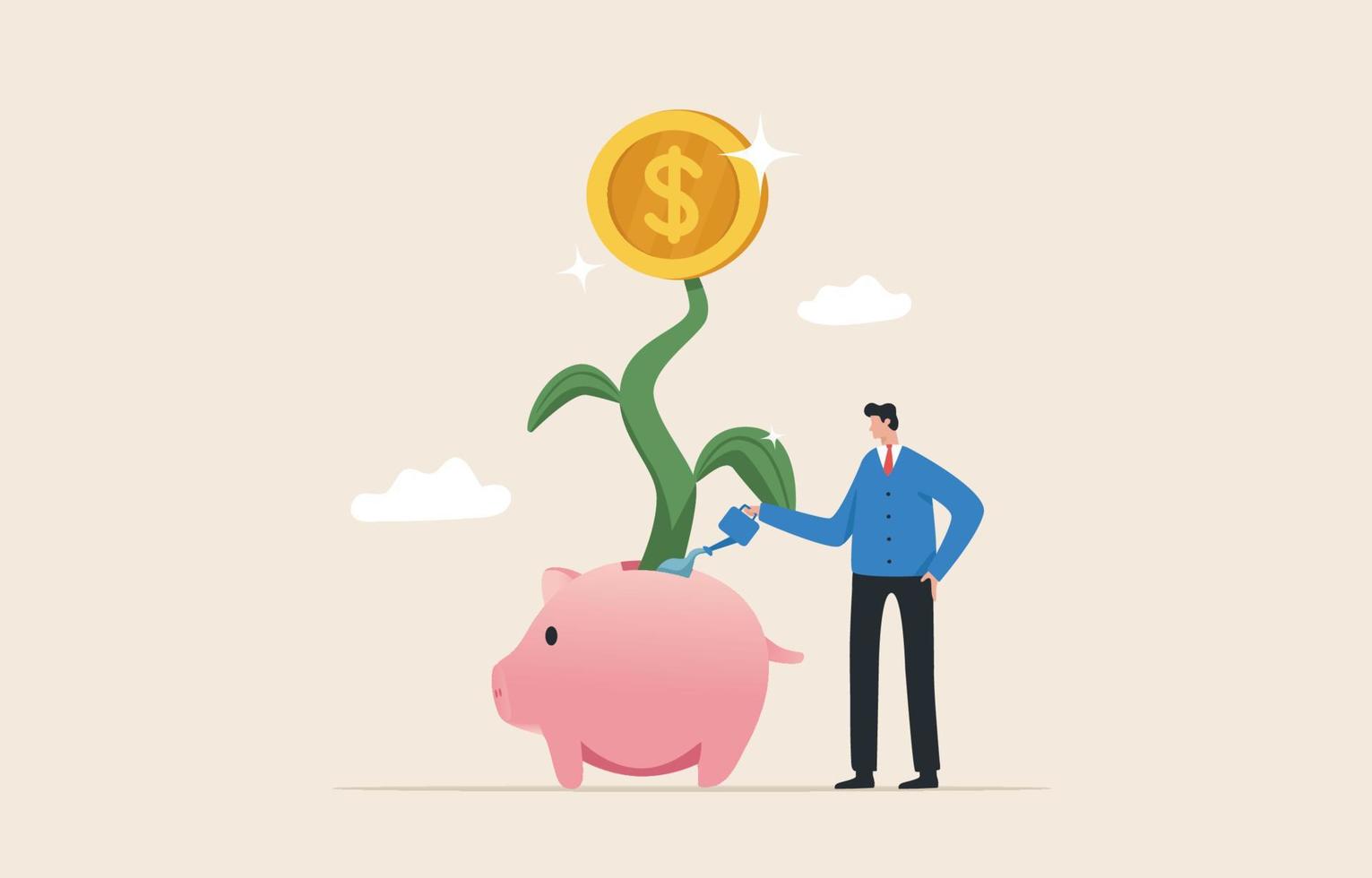 Growth investing is an investment or income. strategies and techniques across asset types.  success in wealth management. Businessmen, investors water the money planted from the piggy bank. vector