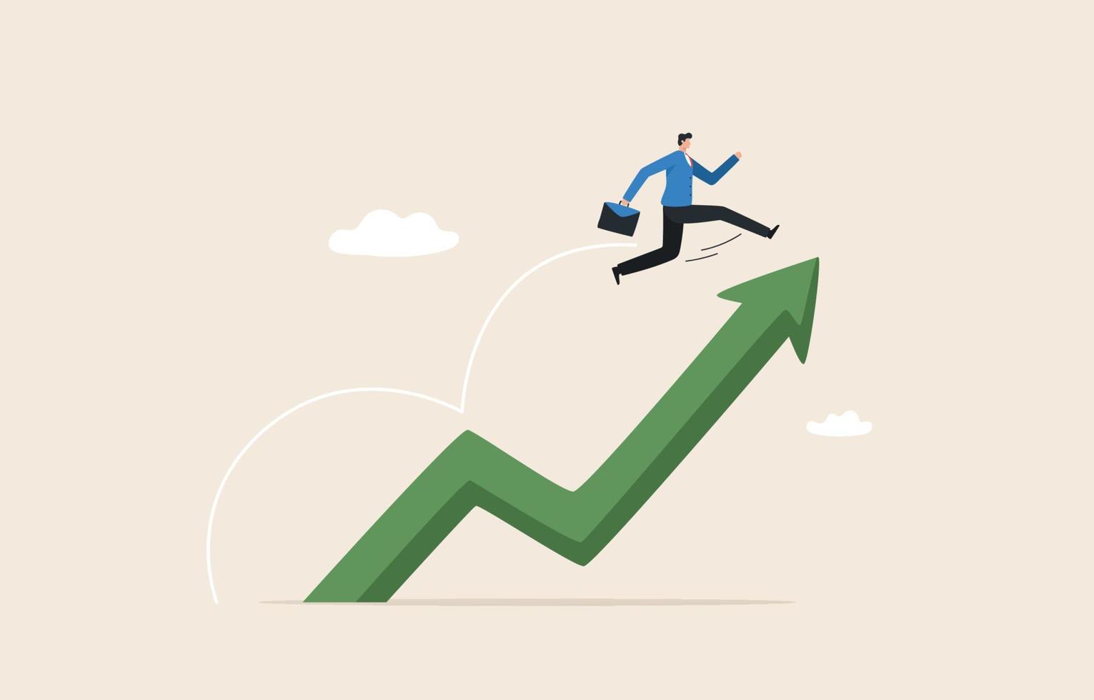 Leaping growth,  Growth strategy.  Increased profit growth. Career challenges. wealth growing or accumulate, asset price rising up. Businessman jumping to the top of the arrow chart. vector