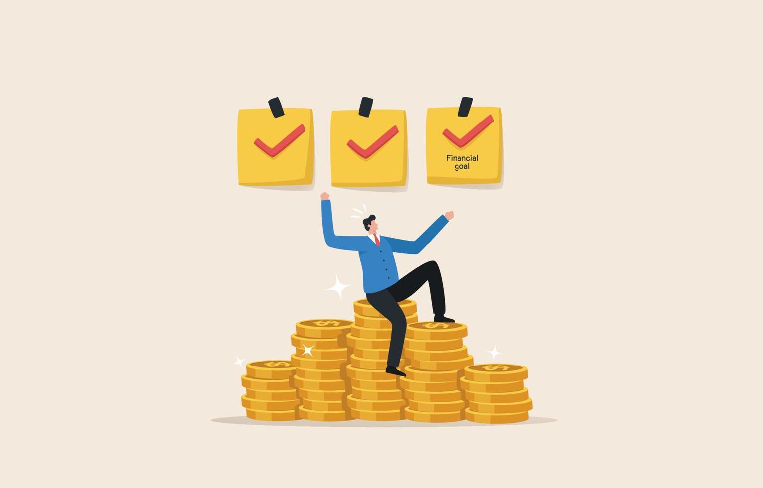 Financial goals wealth management and investment plans to achieve goals. Businessman or investor sits on a pile of gold coins. vector