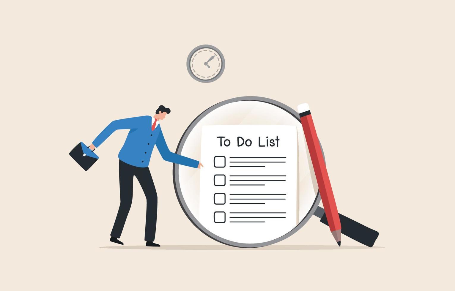 To do list. Checklist for work completion. Check plans or important documents. Businessman standing with pencil and magnifying glass after finishing all work checklist. vector