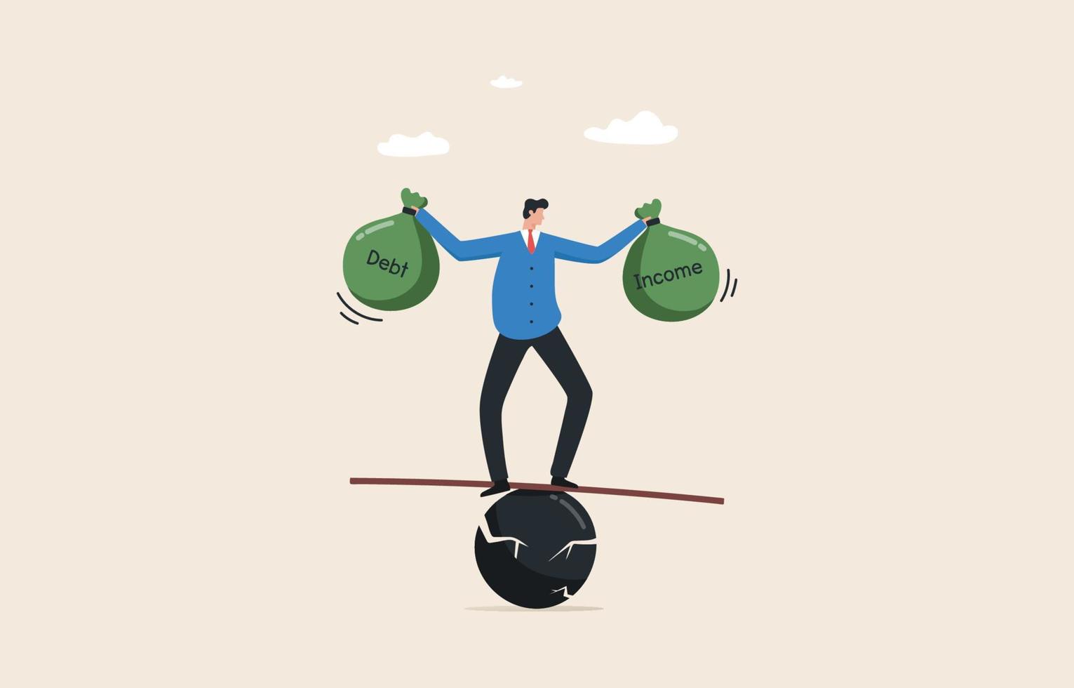 Debt burden. Balance between income and liabilities. Management of assets or income.  financial obligation or loan payment. Businessman carrying debt on the seesaw. vector