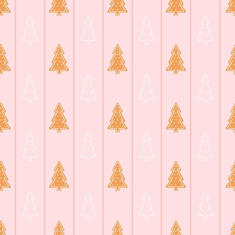 Colourful christmas cookies seamless pattern with gingerbread xmas tree on pink background with stripes, wrapping paper design or ornament for textile, winter holidays theme vector