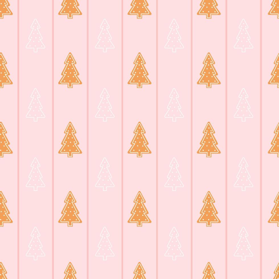 coloridas galletas navideñas sin costuras con árbol de navidad de pan de jengibre sobre fondo rosa con rayas, diseño de papel de regalo o adorno para textiles, tema de vacaciones de invierno vector