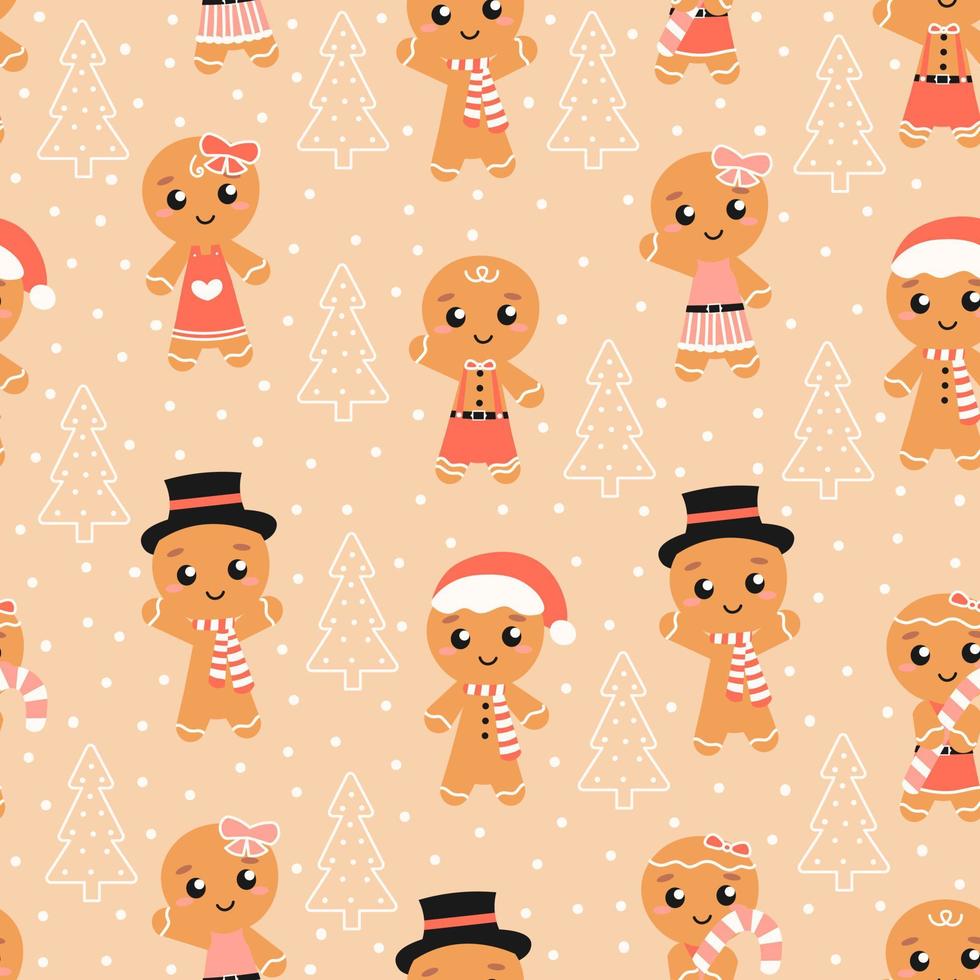 Cute gingerbread cookies with Christmas eve seamless pattern on light background for textile, print or wrapping paper, winter holidays ornament vector