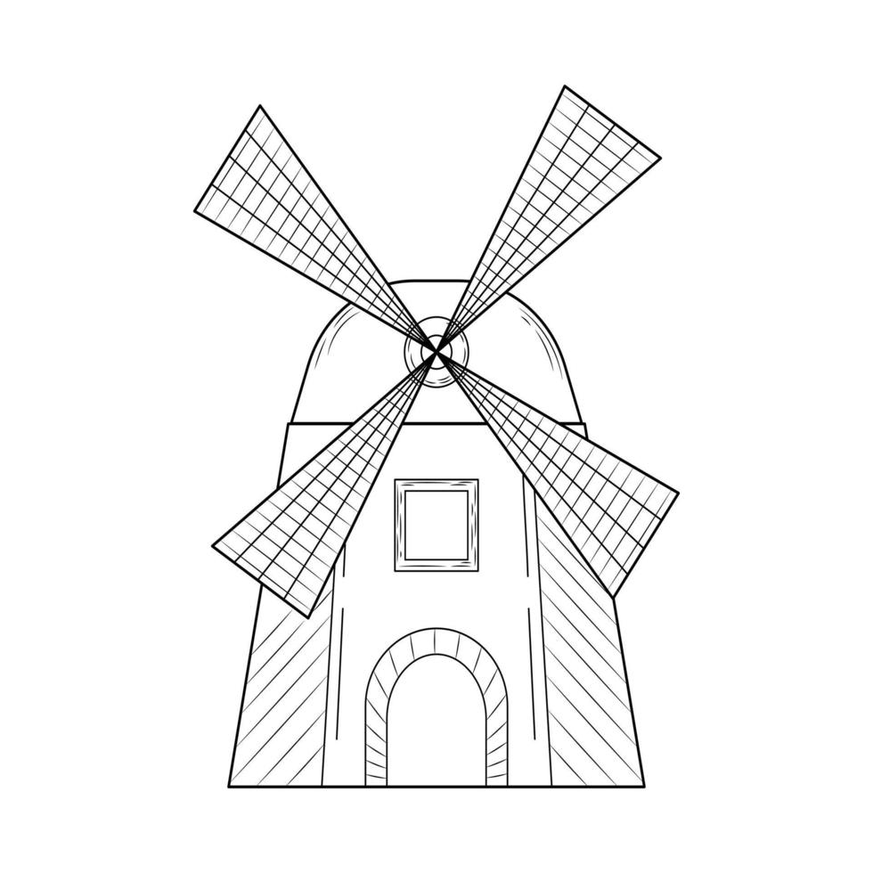 antiguo molino de viento de madera en estilo de boceto dibujado a mano, diseño de logotipo aislado en fondo blanco para afiche o impresión vector