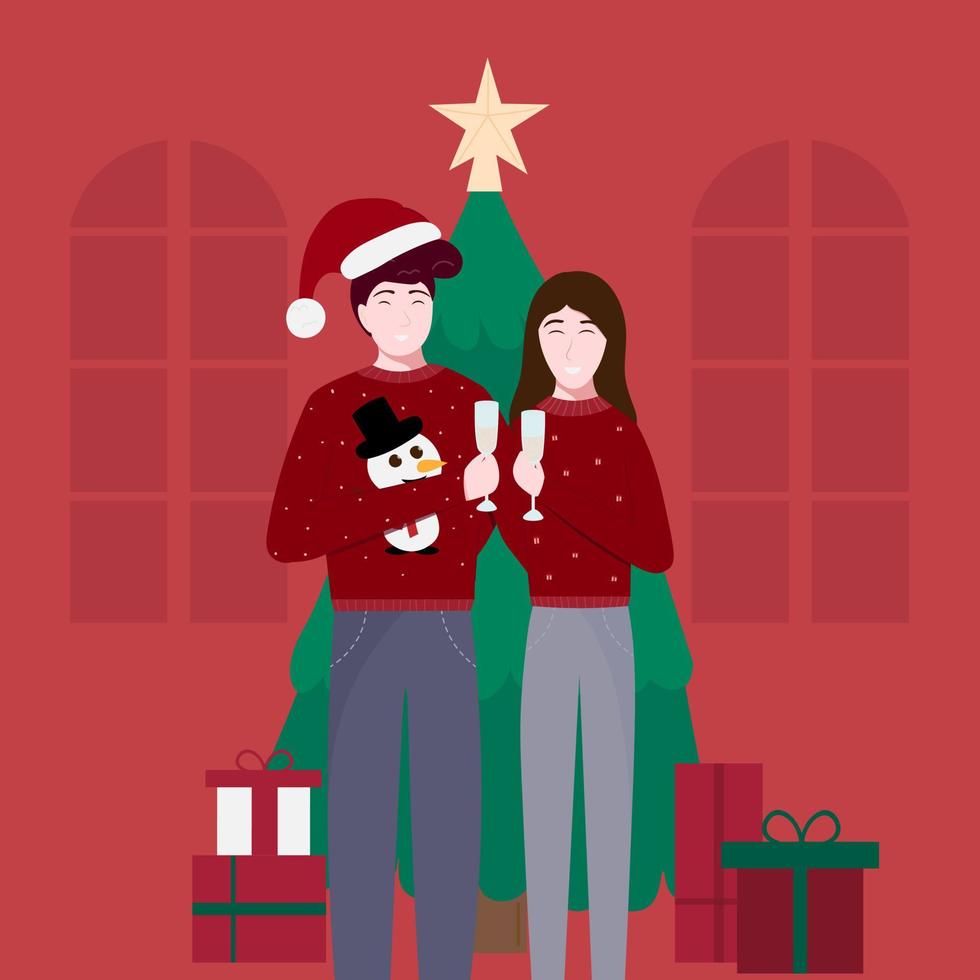 Vector illustration of a new year or xmas party with man and woman drinking champagne, family celebration, greeting card