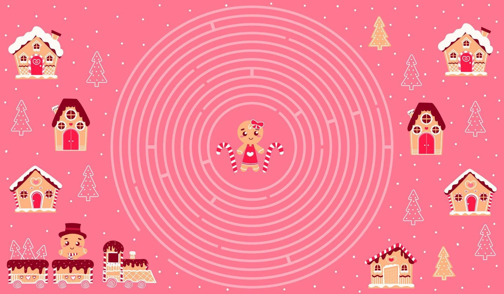 Christmas circle maze with gingerbread characters and houses for printable worksheet for kids in cartoon style vector