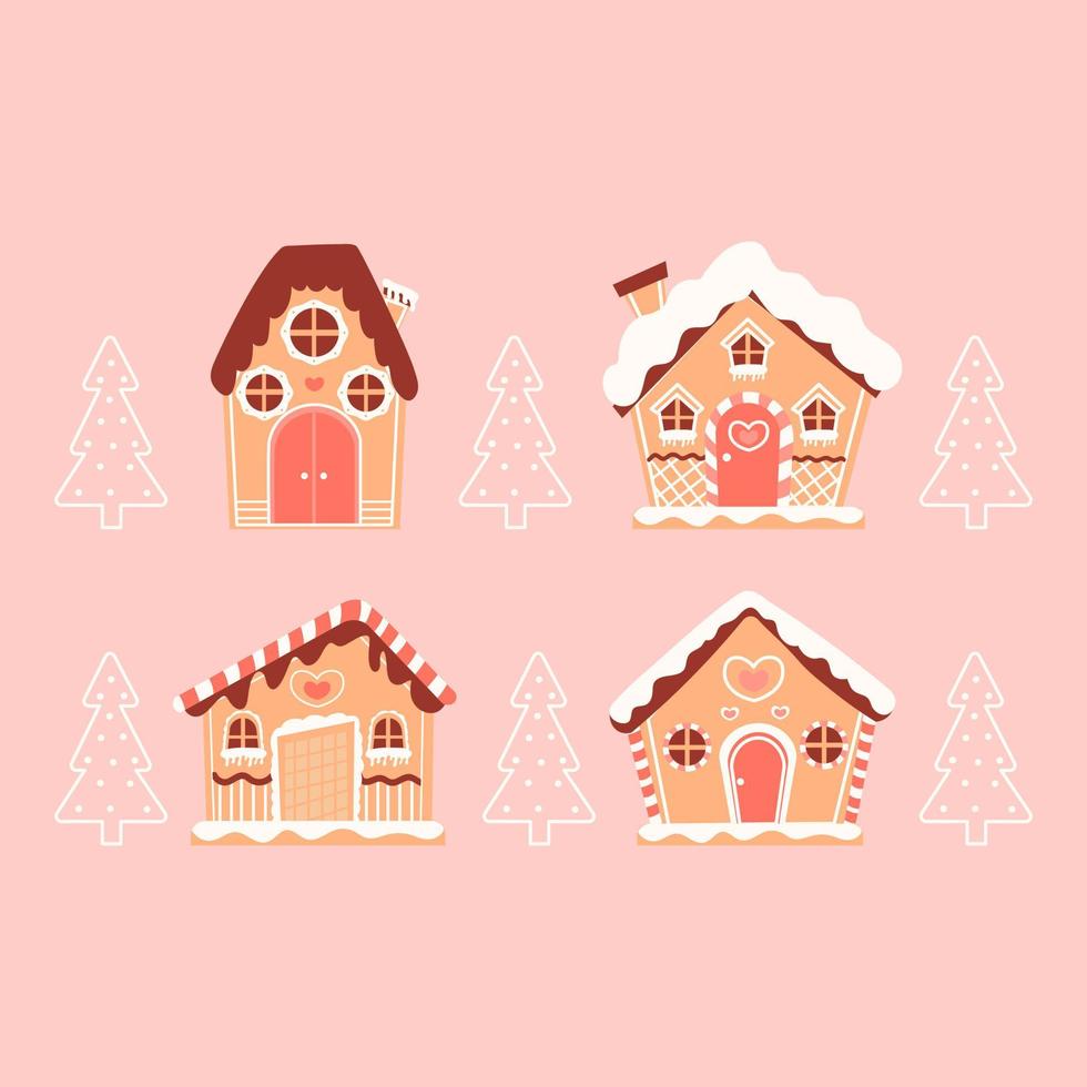 Set of colourful gingerbread houses with christmas tree on pink background, fantasy cookies for cozy winter village, design elements for greeting card for Christmas and new year holidays vector