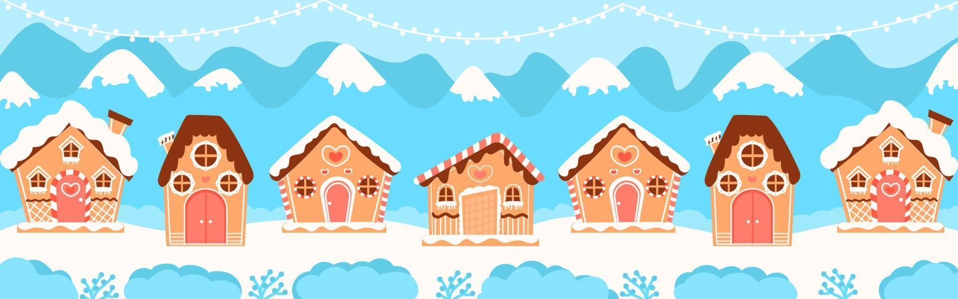 banner web de casas de pan de jengibre de navidad para vacaciones de invierno, tarjeta de felicitación en estilo de dibujos animados sobre fondo azul vector